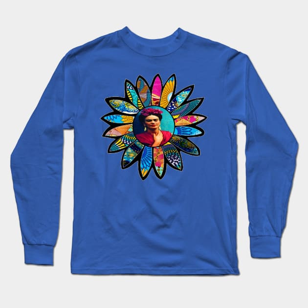 Kahlo Retro Blue Flower Long Sleeve T-Shirt by artbyomega